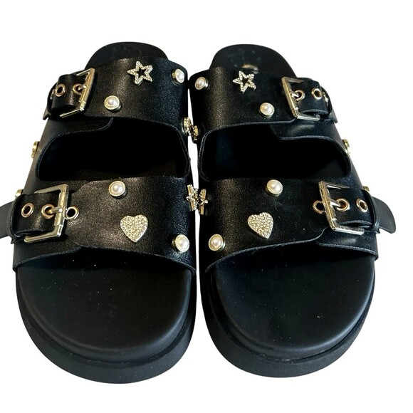 GBG GG Juliana T  Rhinestone Pearl Double Strap Black Platform Slide Sandals 8M - Picture 5 of 14